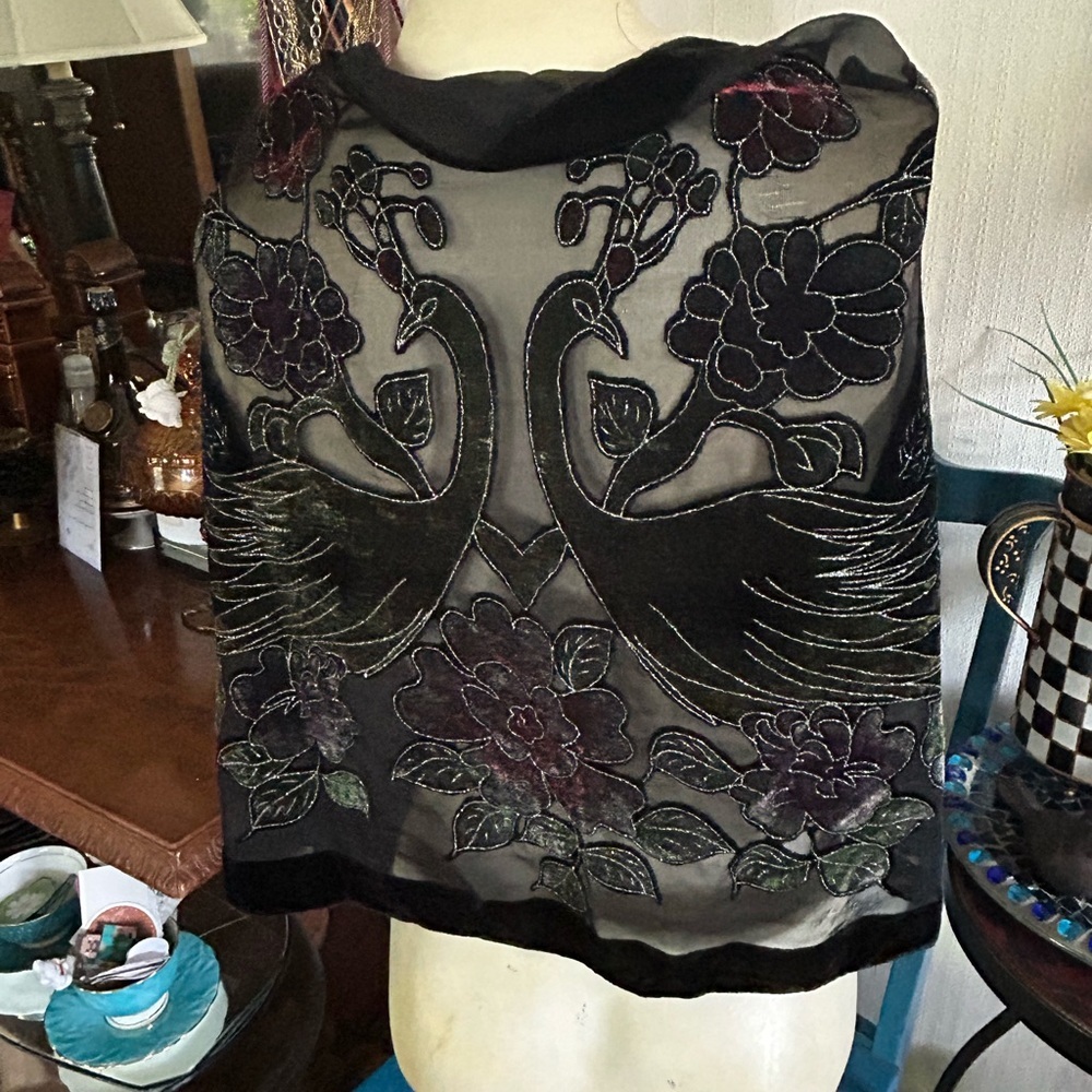 Vintage Black Burnout Peacock Velvet Scarf Wrap